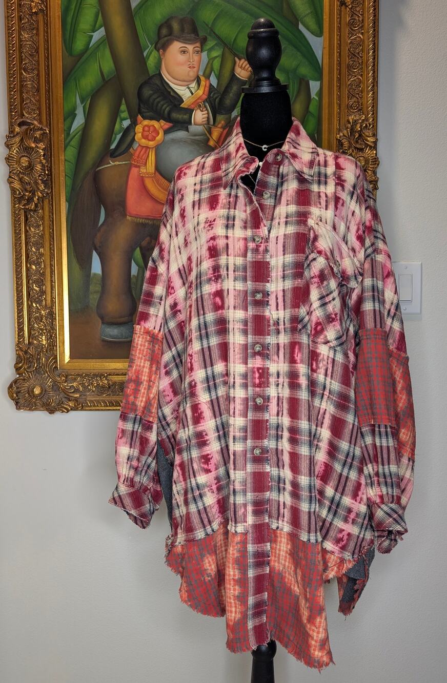 Jaded Gypsy Patchwork Plaid Shirt Jacket Oversized Bleach Distressed L/XL Pocket